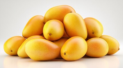 Top-down view of multiple yellow-orange mangoes stacked at various angles, clean smooth surfaces highlighted by soft light and shadows, bright tones on pristine white background