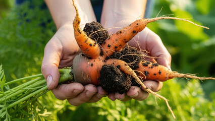 Hands holding fresh dirty imperfect organic vegetable in garden closeup. organic reality vs synthetic perfection concept.