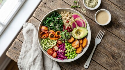 Colorful plant-based lunch bowl shot top-down with soft diffused light