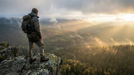 Lone hiker standing on a cliff overlooking misty sunrise forest