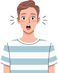 Shocked young man with wide eyes and open mouth wearing a blue and white striped tshirt.