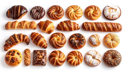 A flat lay of assorted baked goods, including croissants, buns, and pastries, arranged on a white surface. They have various shapes and toppings
