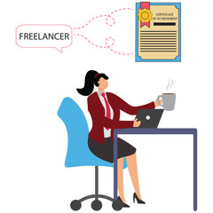 Freelancer woman working on laptop with certificate achievement