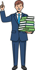 Smiling businessman in a blue suit holding a stack of green binders and pointing his index finger upwards.