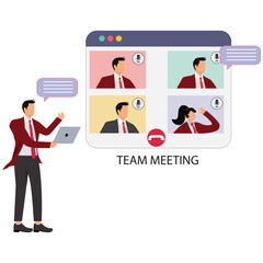 Businessman leading virtual team meeting with laptop and colleagues online