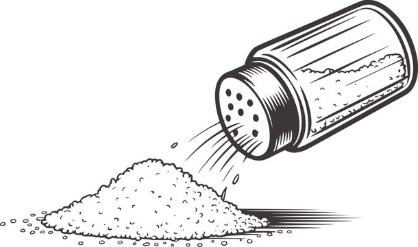 Black and of salt shaker pouring granulated salt pile