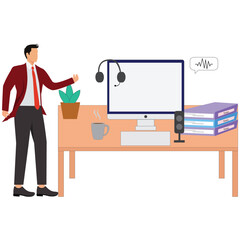 Businessman working on computer with headset and documents