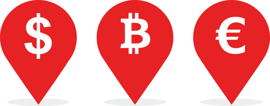 Currency location pin icons vector illustration dollar bitcoin and euro markers for finance map and payment design