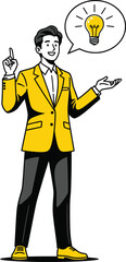 Smiling cartoon businessman in a yellow suit pointing up having a brilliant lightbulb idea.