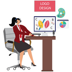 Professional woman designing logo on computer in modern workspace