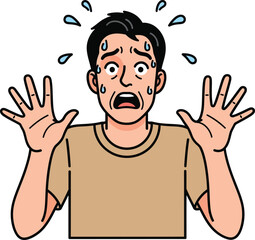 Terrified cartoon man with black hair sweating and raising his hands in a panicked shocked expression.