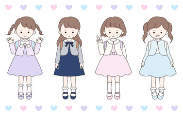 入学式にフォーマルな服装をした女の子のベクターイラスト。子供、小学生