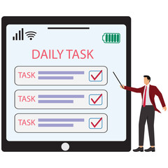 Businessman presenting daily tasks on a large tablet device