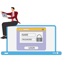 Businessman sitting on laptop with login screen