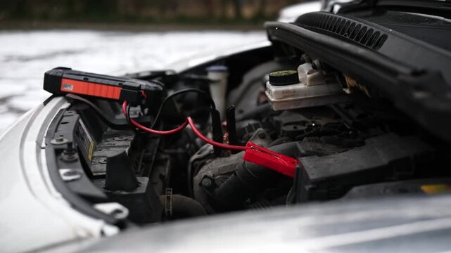 Connecting A Portable Jump Starter Battery Device To An Engine With A Low Battery To Start In Winter