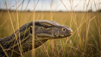 Komodo dragon in natural habitat among tall grass with focused expression in daylight safari setting