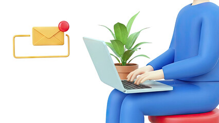 3D character using laptop with email notification and plant