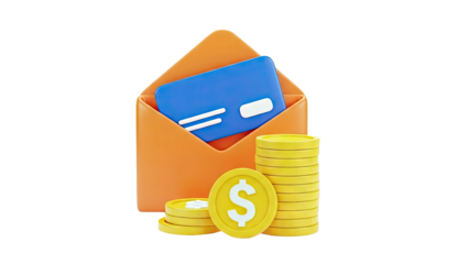 3D Envelope with Credit Card and Stack of Coins