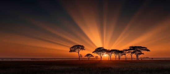 Dramatic Sunset Over African Savannah With Silhouetted Acacia Trees.