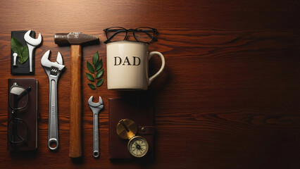 Father's Day tools mug glasses compass on wood hammer