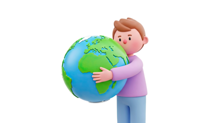 Cartoon child hugging planet Earth