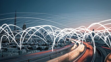 Smart city network concept showcasing digital connections in an urban landscape at dusk with illuminated highways and skyline - Powered by Adobe