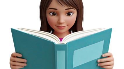 Animated girl reads a book