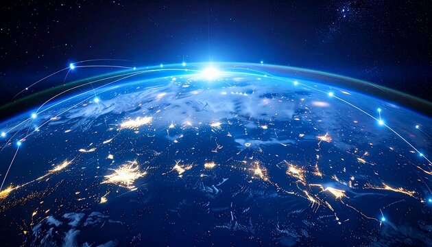 Vibrant digital world globe shows glowing city lights and connected dots against starlight