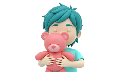 Cute 3D Boy Hugging a Pink Teddy Bear