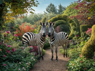 Zebras in a lush garden