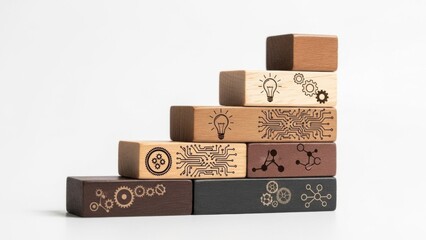Stacked rectangular wooden blocks with icons for networks, ideas, gears and molecular structures, forming a staircase that symbolizes technology layers, innovation process and structured scientific re