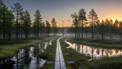Serene sunrise in misty forest with wooden pathway across tranquil stream and pine trees