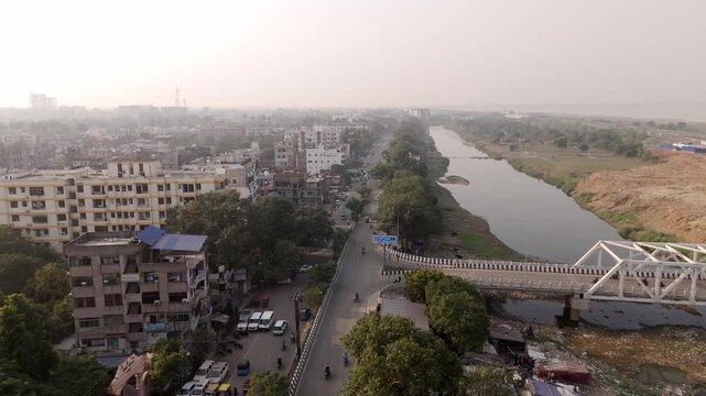 Ganga Path Bridge, Bankipur Danapur Marg, residential buildings and drainage channel, Drone shot