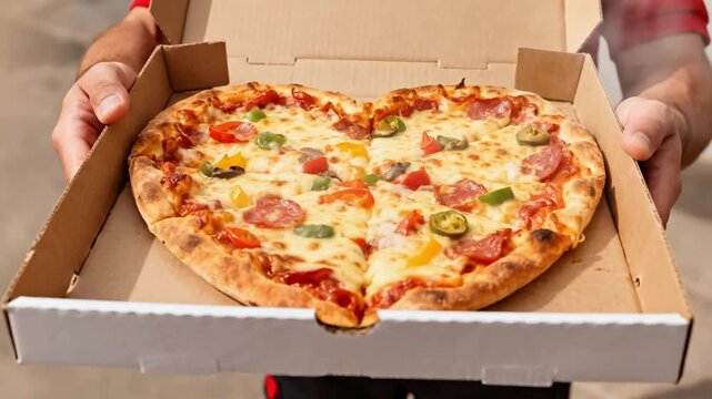 Heart Pizza Held By Courier Outdoors, Closeup Hands Offering HeartShaped Pizza In Open Box, Plain Pavement Background, Bright Daylight, Fresh Pepperoni And Jalapeno Slices Visible.