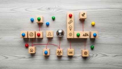 Wooden blocks with business icons connected by red strings and colorful pins on a gray desk, symbolizing interconnected systems, strategic planning, workflow mapping and complex project coordination

