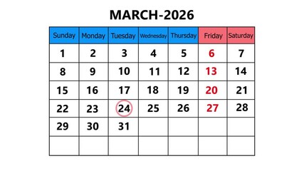 March 2026 Calendar, with Important 24 Date Highlight Animation.