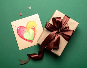 A flat lay presents a gift box tied with a satin bow and a handmade greeting card with hearts on a green backdrop