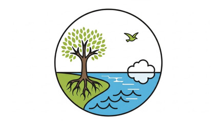 Obraz premium Eco friendly illustration of tree and water with bird and cloud