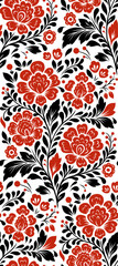 Vector decorative seamless floral pattern. Ornamental Slavic texture with red flowers and black foliage on white background for wallpaper, fabric, and wrapping paper.