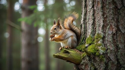 Adorable squirrel on tree in lush forest holding pine cone with fluffy tail