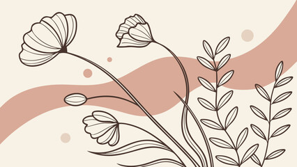 Naklejka premium Delicate botanical line art with soft pastel waves and abstract circles