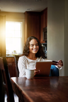 Happy woman, tablet and credit card in house with transaction, online shopping and bills on web. Person, digital bank and smile for e commerce, fintech and application for easy payment at apartment