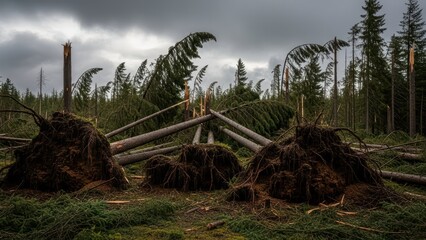 Broken trees and uprooted roots in forest after storm with dark cloudy sky and pine trees