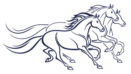 Obraz premium Dynamic illustration of three horses galloping with flowing manes and tails in unison.