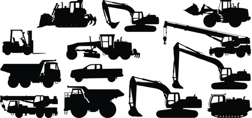 Construction vehicle silhouettes, heavy machinery set, excavator bulldozer crane loader dump truck, industrial equipment, vector illustration, engineering, transportation, design, collection © parves's world