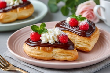 Heart-shaped puff pastry with chocolate, raspberry, and whipped cream