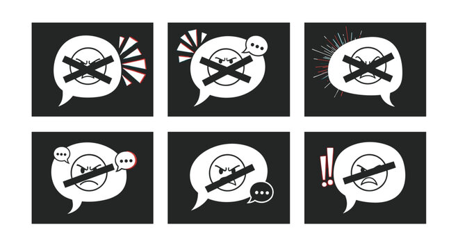 Various warning symbols and crossed out speech bubbles representing the prevention and censorship of online hate speech.