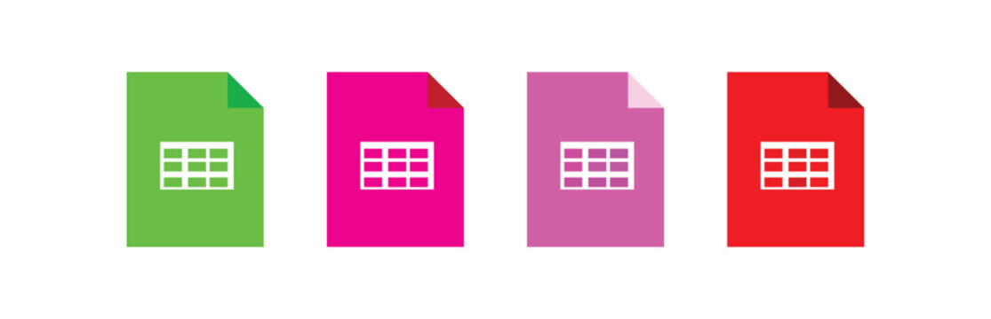Set of four colorful file icons with grid symbols, representing spreadsheet documents, isolated on a white background with a transparent background version available for seamless integration.