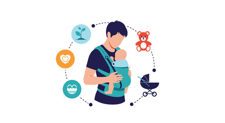 Father wearing baby in a front carrier surrounded by icons of childcare products like a stroller and heart symbol on white background.
