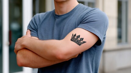 Man displaying crown tattoo on bicep representing power